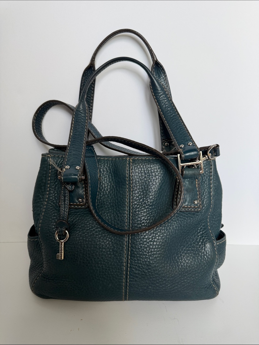 Fossil Pebbled Leather Shoulder Bag in Teal blue satchel tote